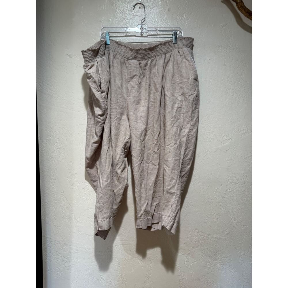 Catherines 5X 34/36W Linen Cotton Smocked Waist Cropped Pants Oatmeal Tan Plus